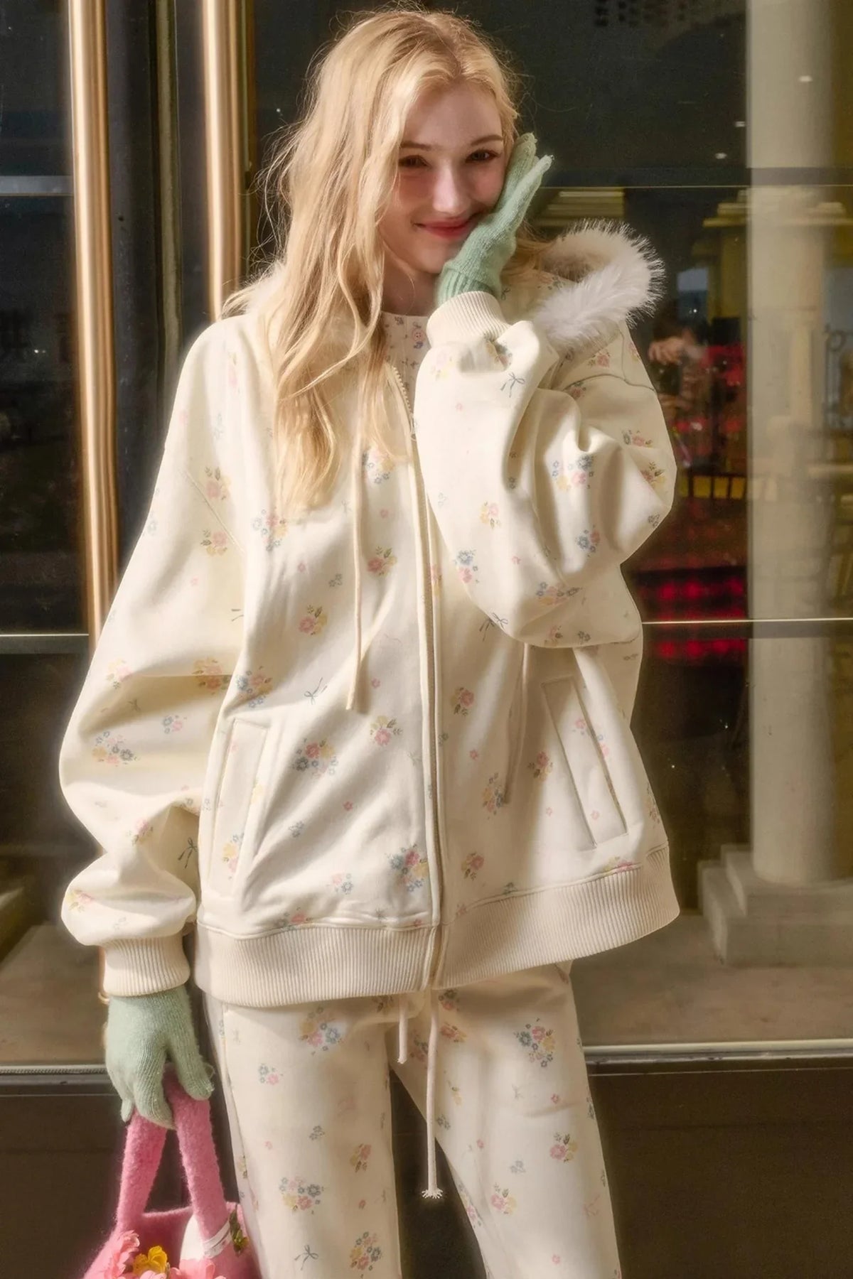 Milky Way Floral Fur Collar Jacket Set-Up