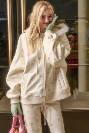 Milky Way Floral Fur Collar Jacket Set-Up