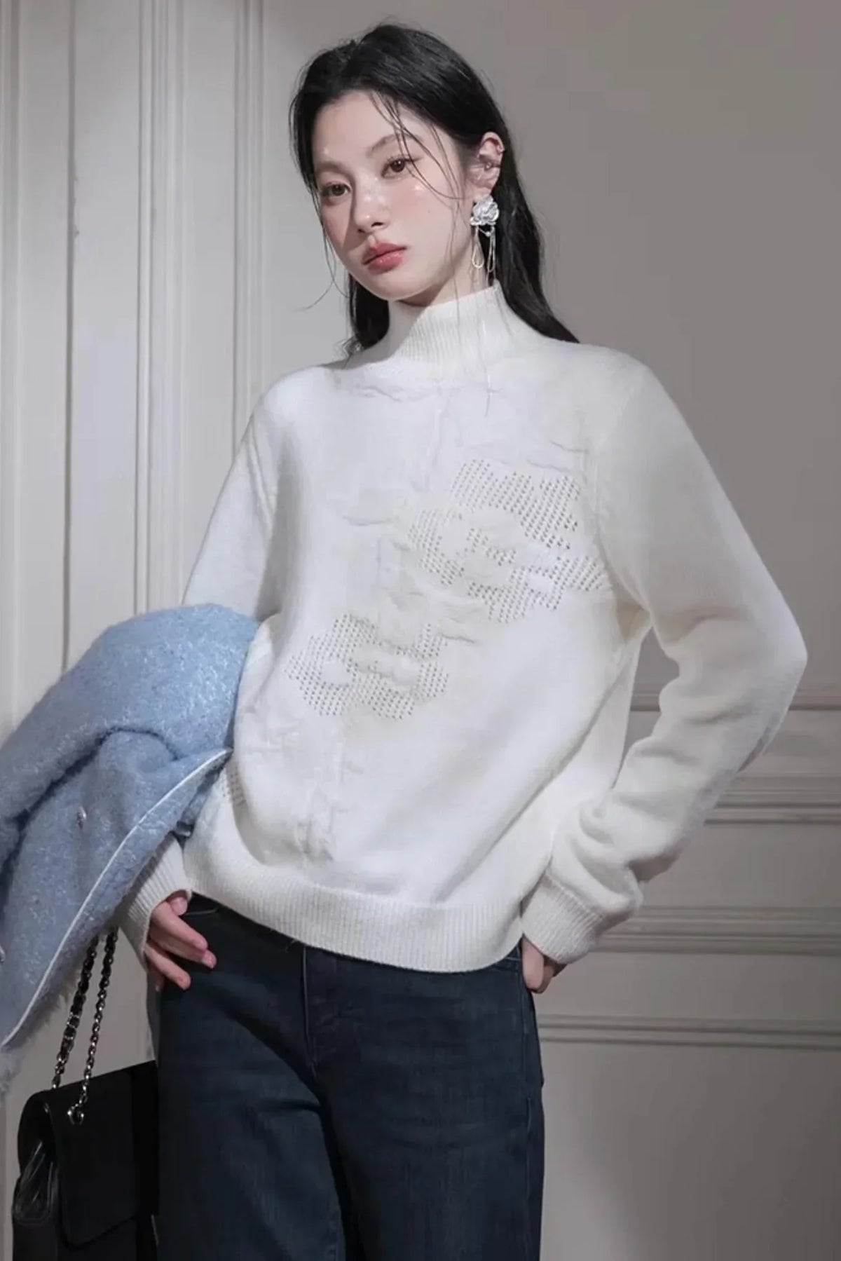 Milky White Floral Wool Sweater