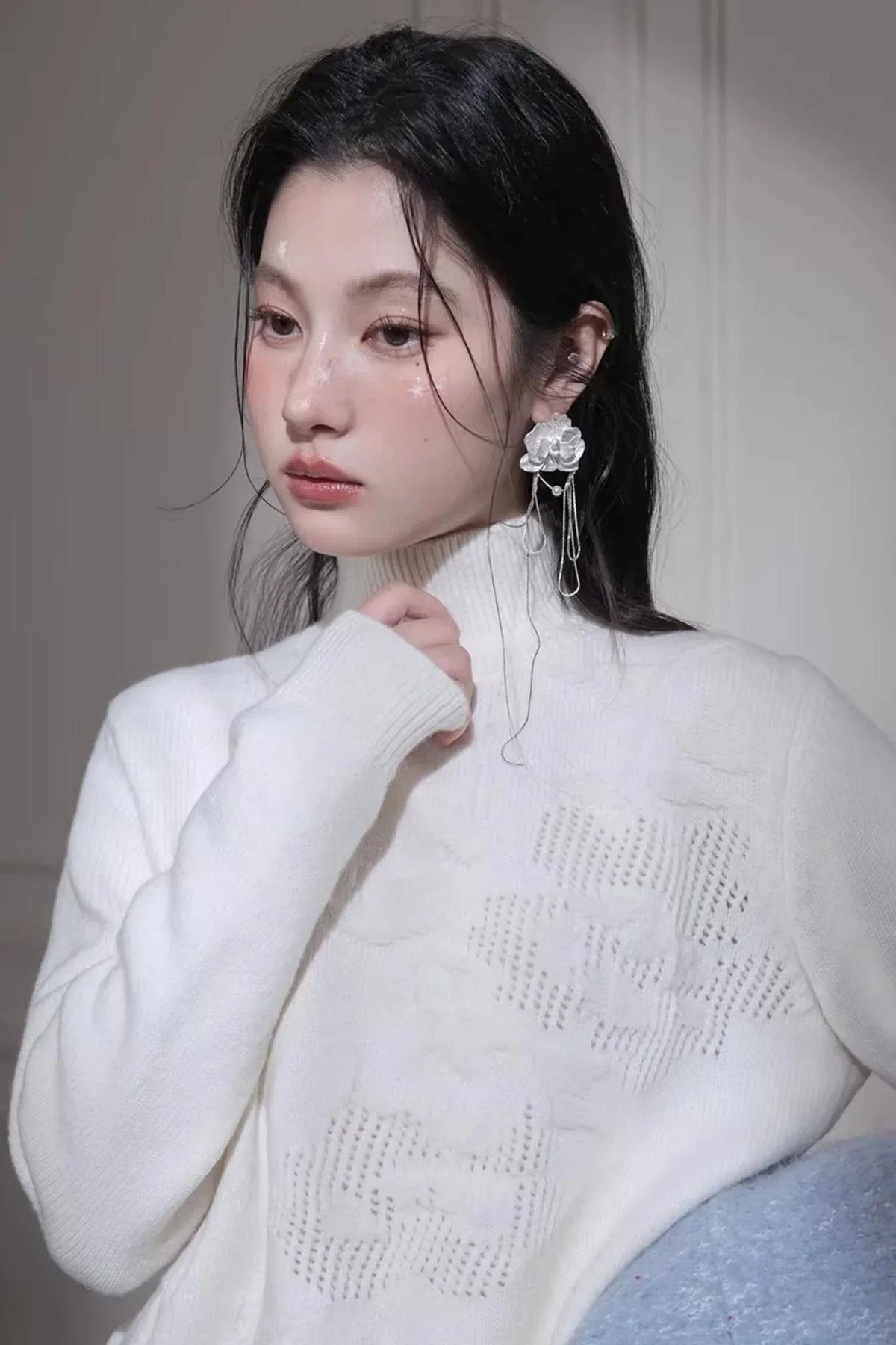 Milky White Floral Wool Sweater