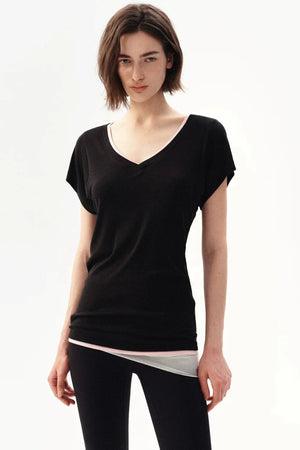 Minimalist Colorblock Deep V-Neck Wool Blend T-Shirt