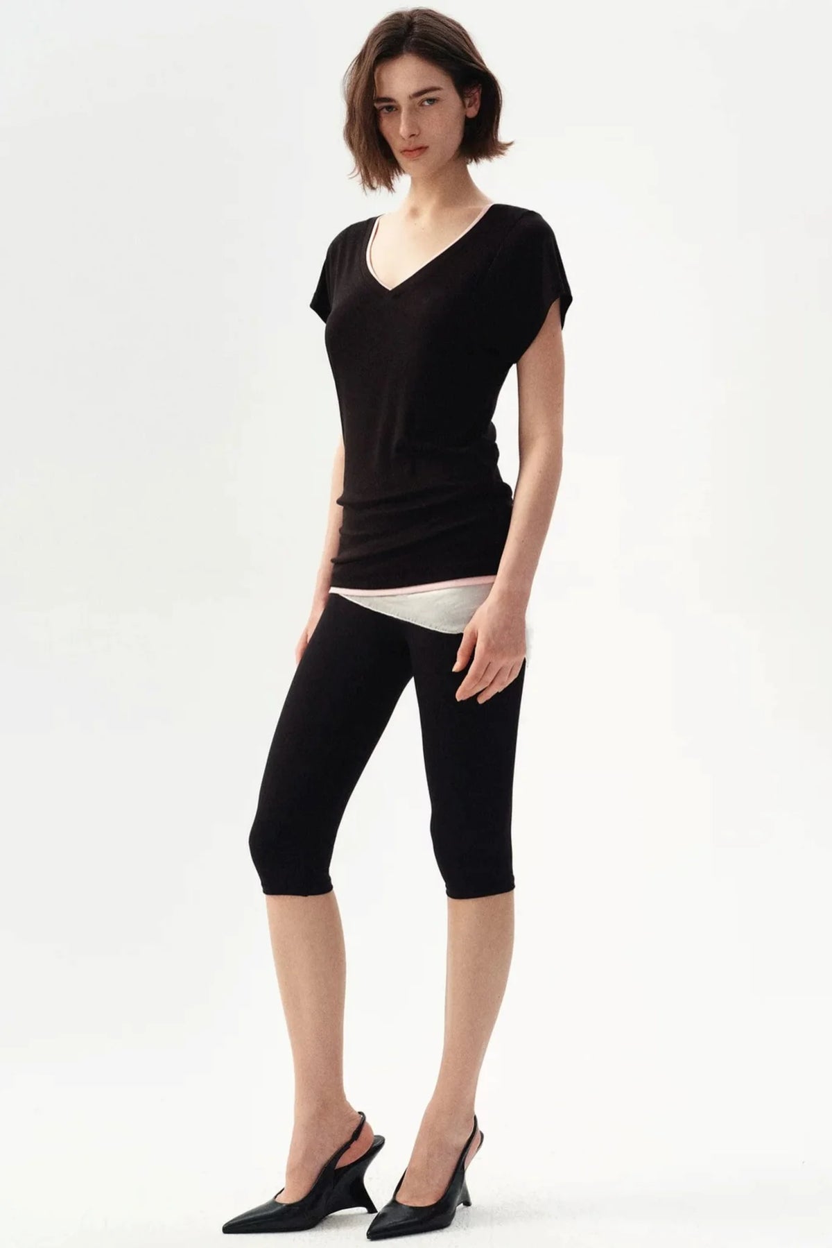 Minimalist Colorblock Deep V-Neck Wool Blend T-Shirt