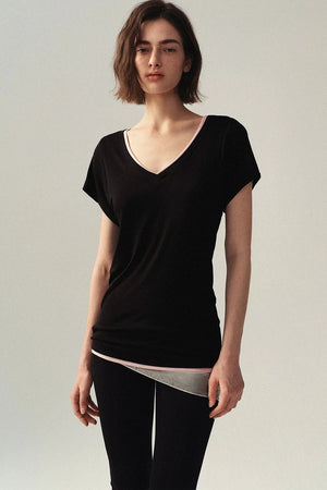 Minimalist Colorblock Deep V-Neck Wool Blend T-Shirt
