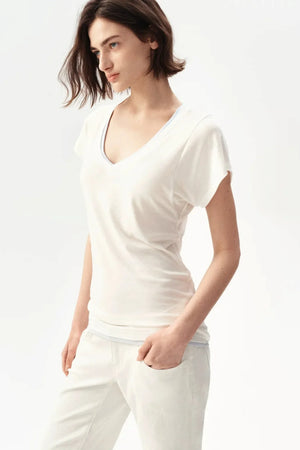 Minimalist Colorblock Deep V-Neck Wool Blend T-Shirt