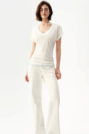 Minimalist Colorblock Deep V-Neck Wool Blend T-Shirt