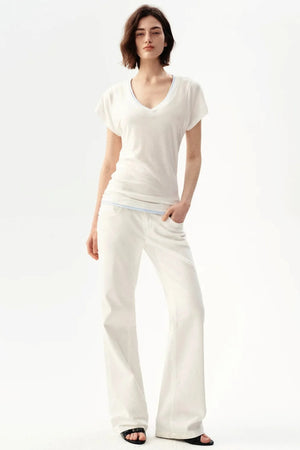 Minimalist Colorblock Deep V-Neck Wool Blend T-Shirt