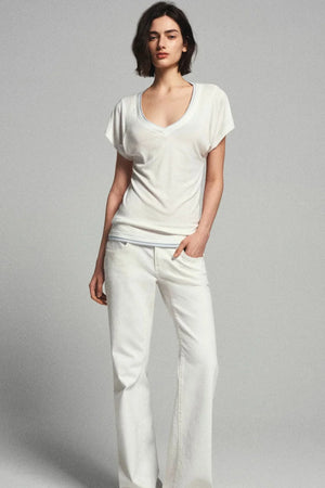 Minimalist Colorblock Deep V-Neck Wool Blend T-Shirt