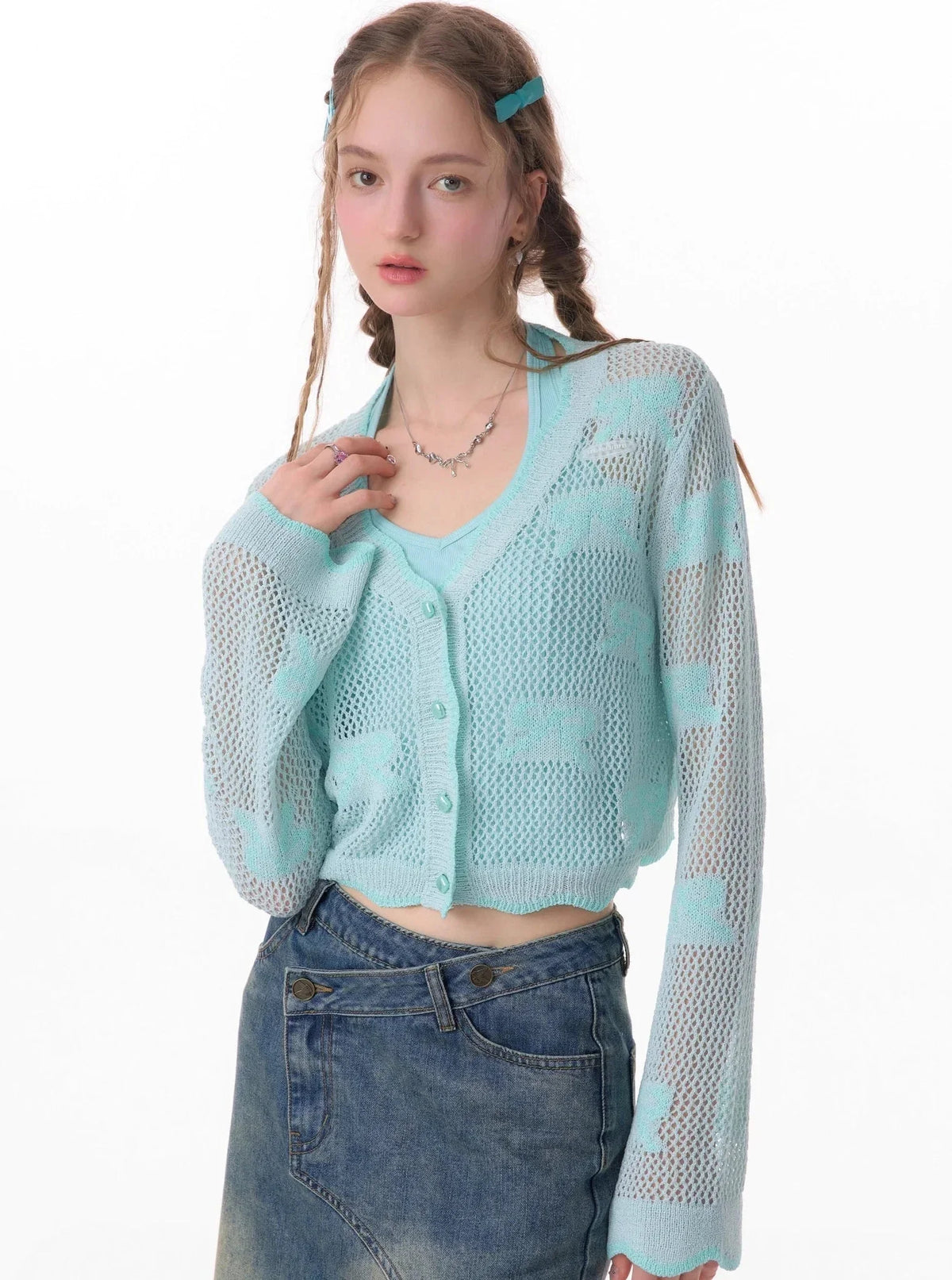 Mint Bow Sunscreen Knit Cardigan Coat
