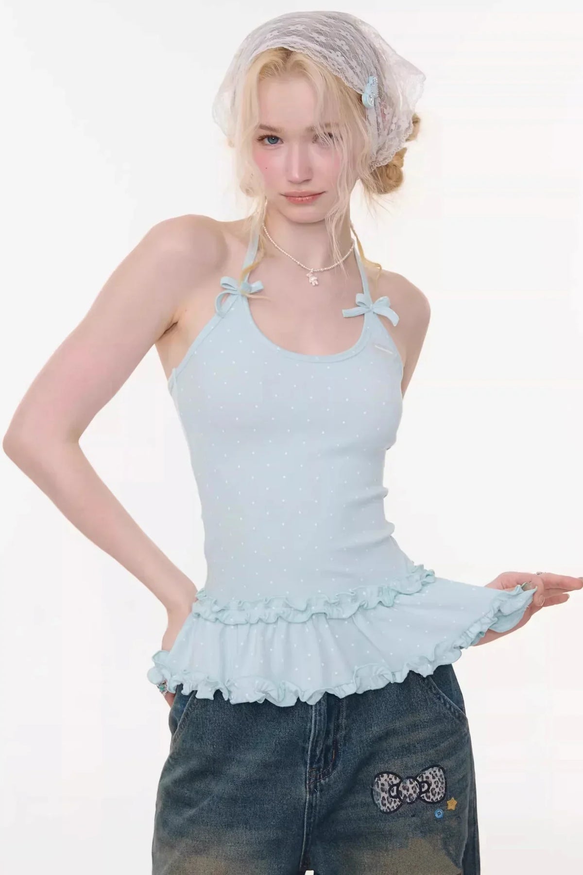 Mint Candy Lace Polka Dot Top