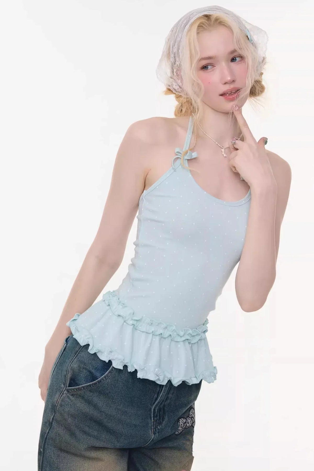 Mint Candy Lace Polka Dot Top