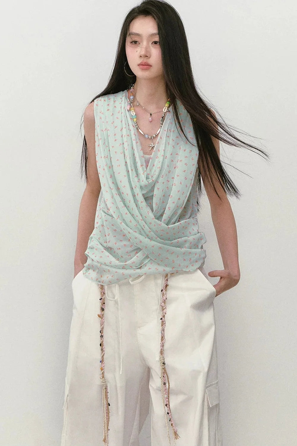 Mint Floral Cross-Neck Camisole Top