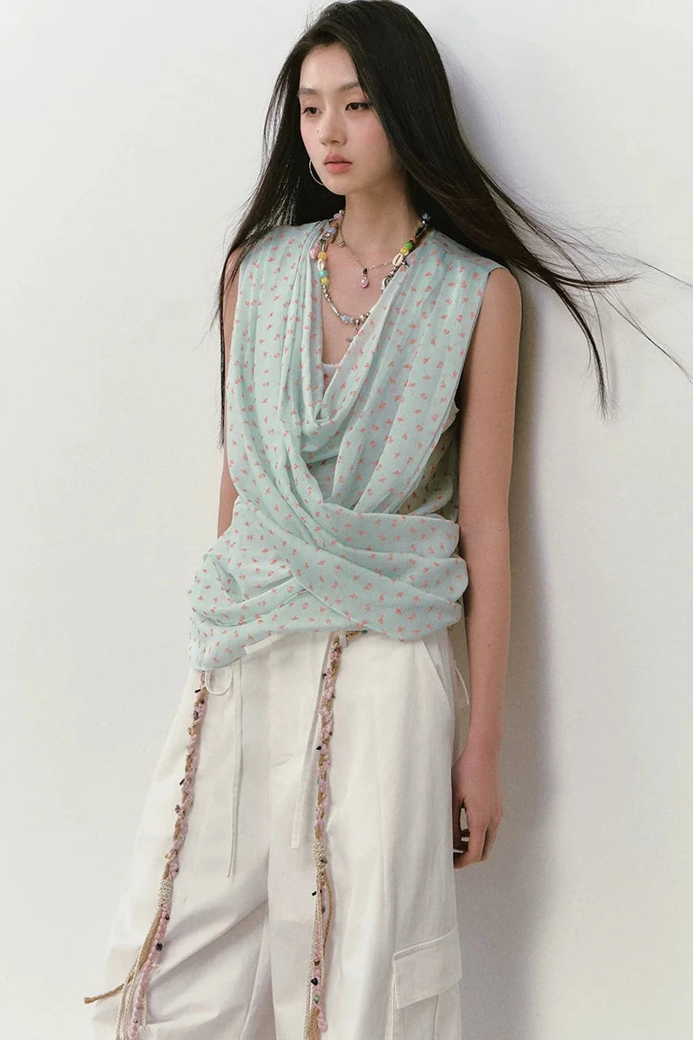 Mint Floral Cross-Neck Camisole Top
