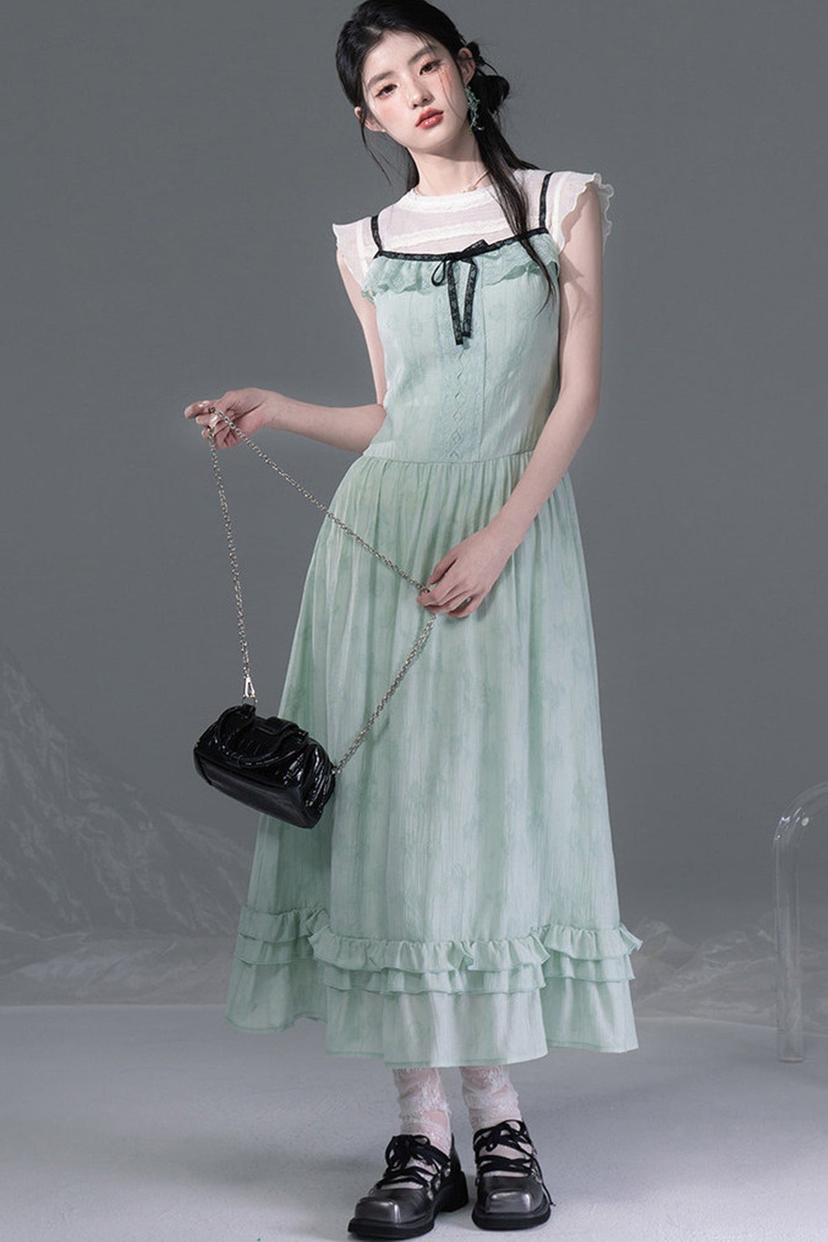 Mint Green Lace Spliced Camisole and Dress Set