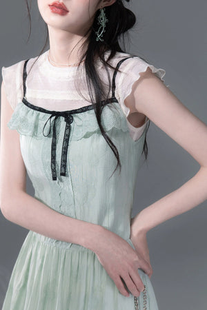 Mint Green Lace Spliced Camisole and Dress Set