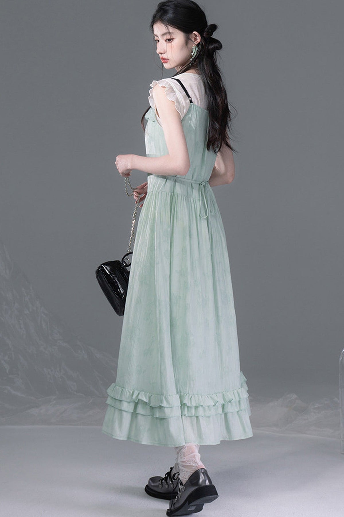 Mint Green Lace Spliced Camisole and Dress Set