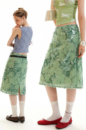Mint Sequin Embroidered Skirt