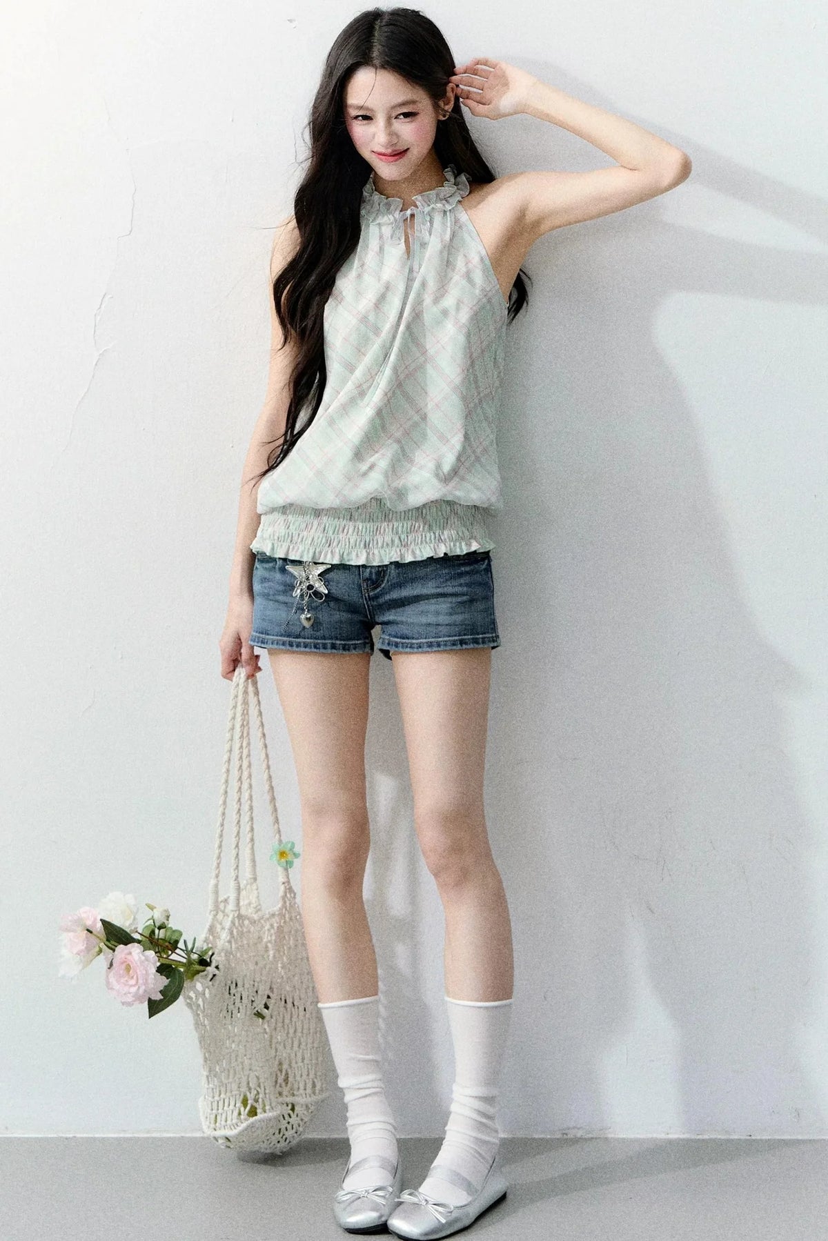 Mint Sheer Plaid Halter Top Set-Up