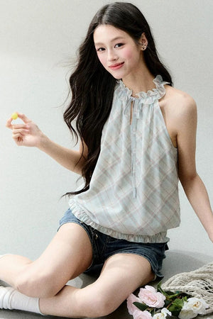 Mint Sheer Plaid Halter Top Set-Up