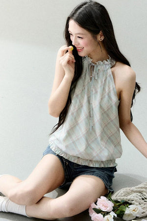 Mint Sheer Plaid Halter Top Set-Up