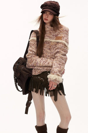 Mixed Yarn Slanted Shoulder Sweater