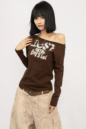 Monogram Print Off-Shoulder Slim T-Shirt