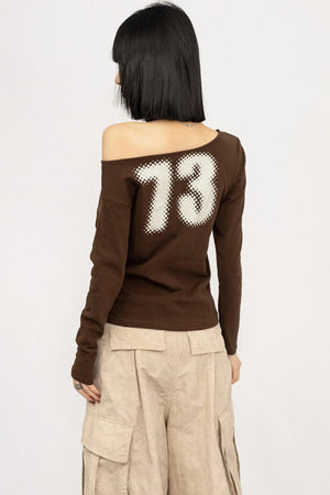 Monogram Print Off-Shoulder Slim T-Shirt
