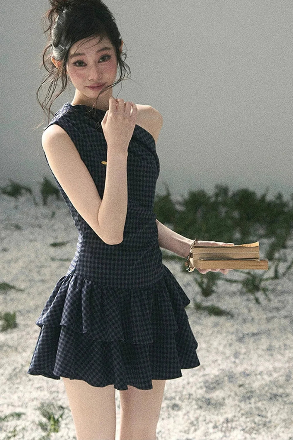 Moonlight Plaid Off-Shoulder Dress