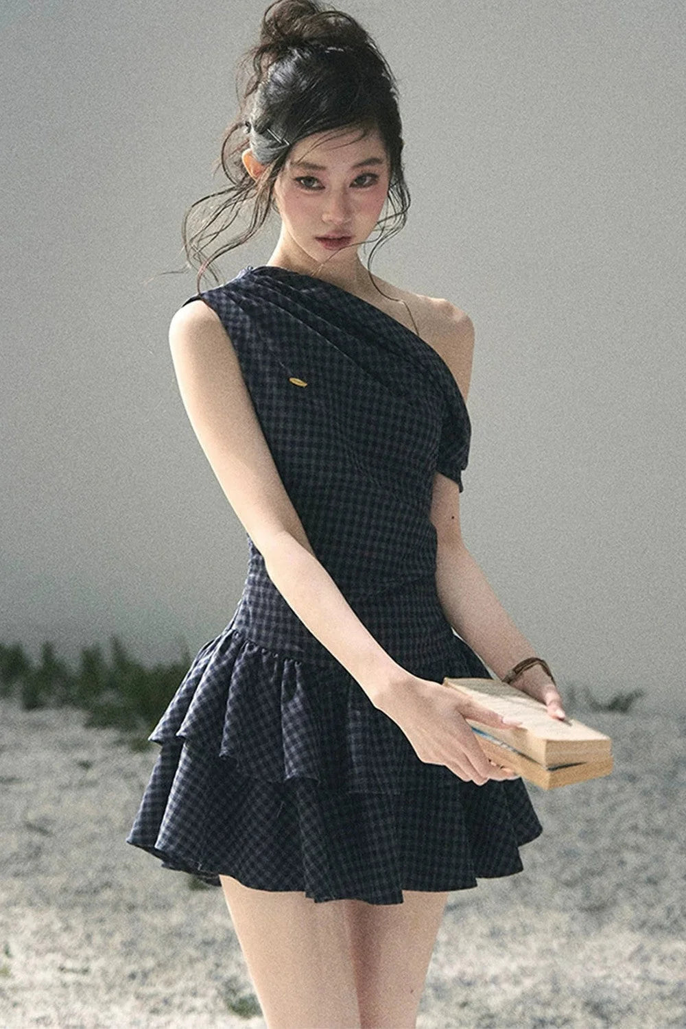 Moonlight Plaid Off-Shoulder Dress