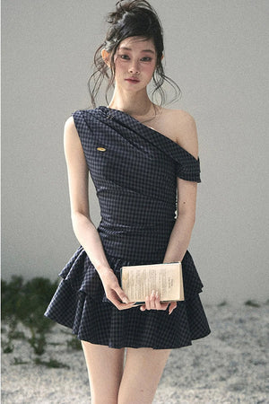 Moonlight Plaid Off-Shoulder Dress