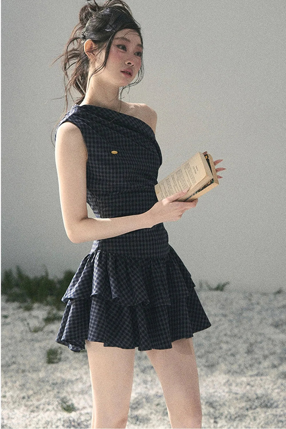 Moonlight Plaid Off-Shoulder Dress
