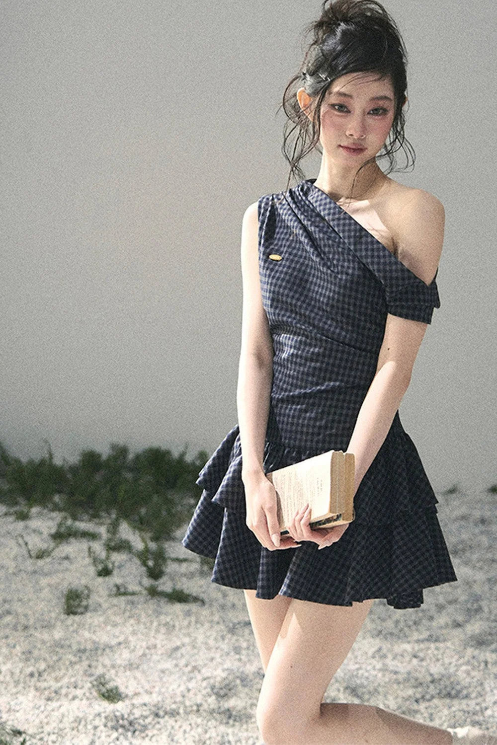 Moonlight Plaid Off-Shoulder Dress