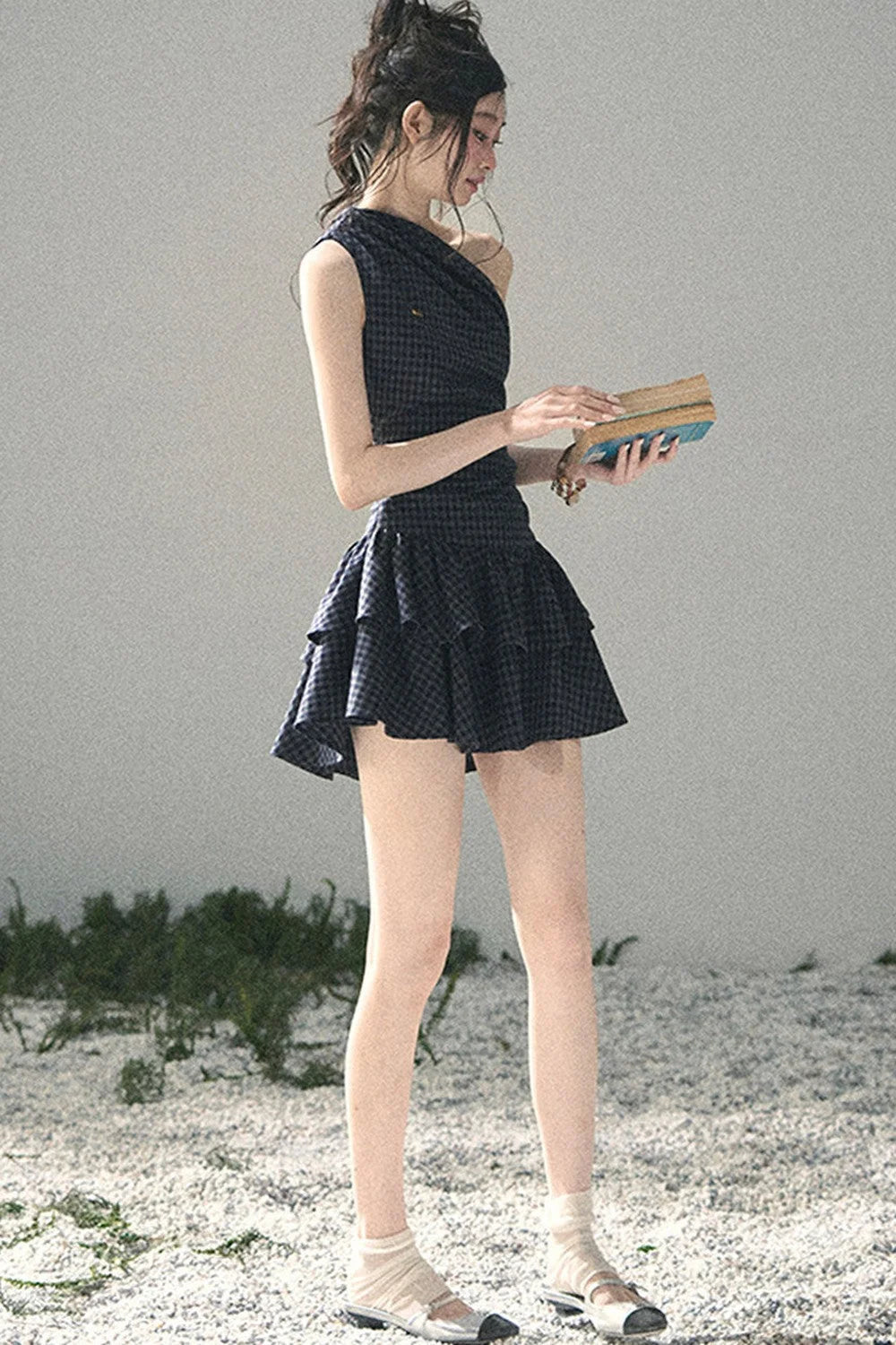 Moonlight Plaid Off-Shoulder Dress
