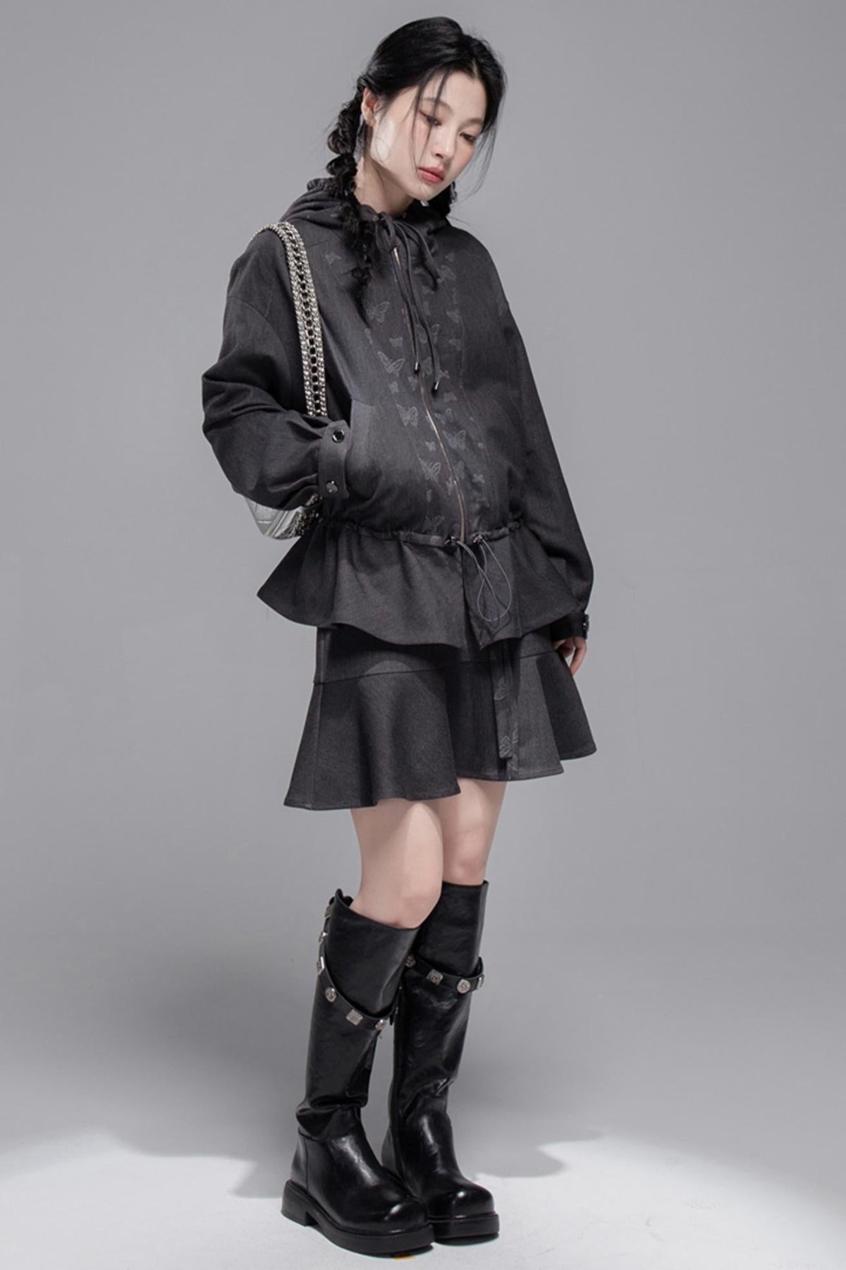 Morning Gray Hooded Jacket & Skirt Set