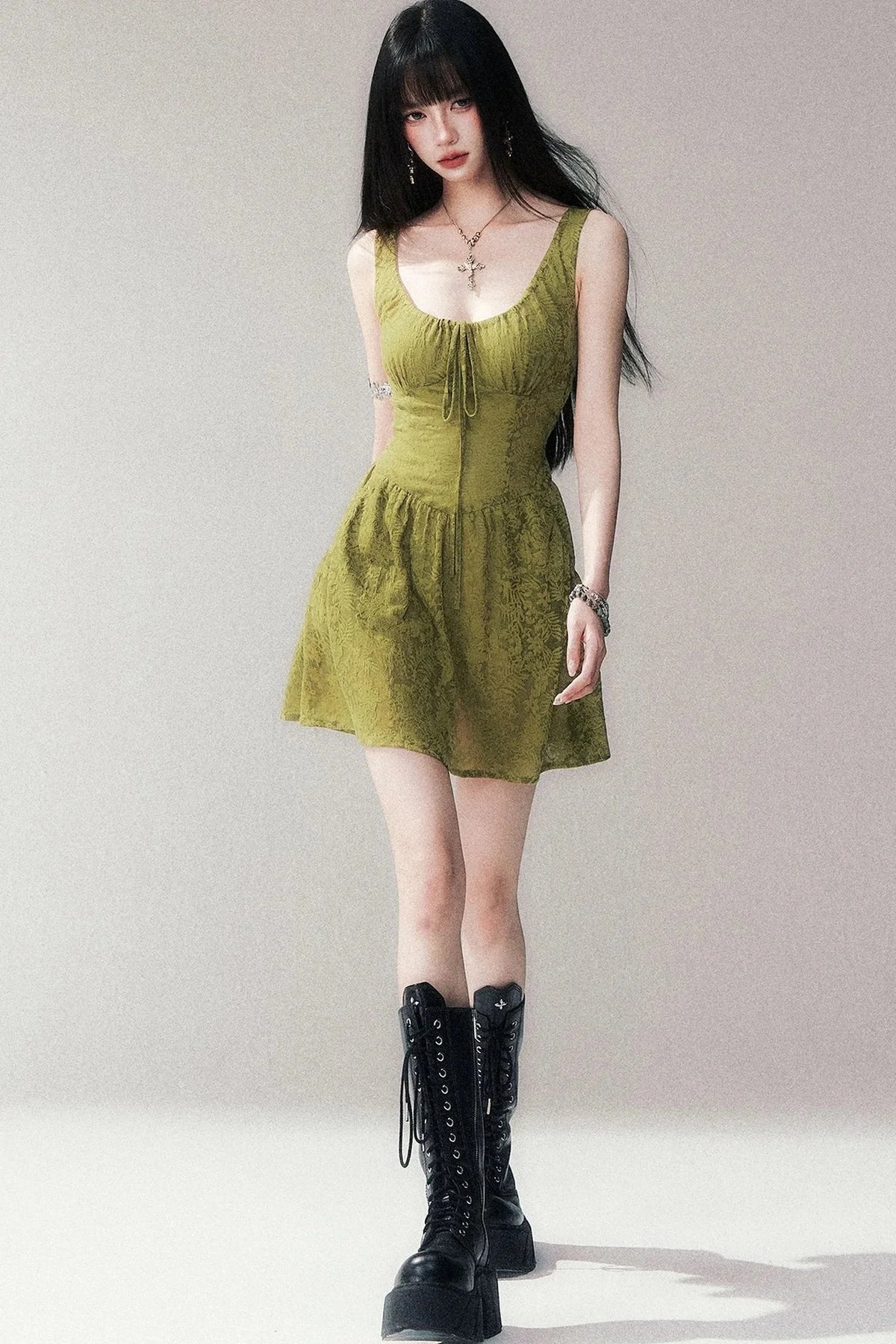 Moss Green Sleeveless Lace Dress