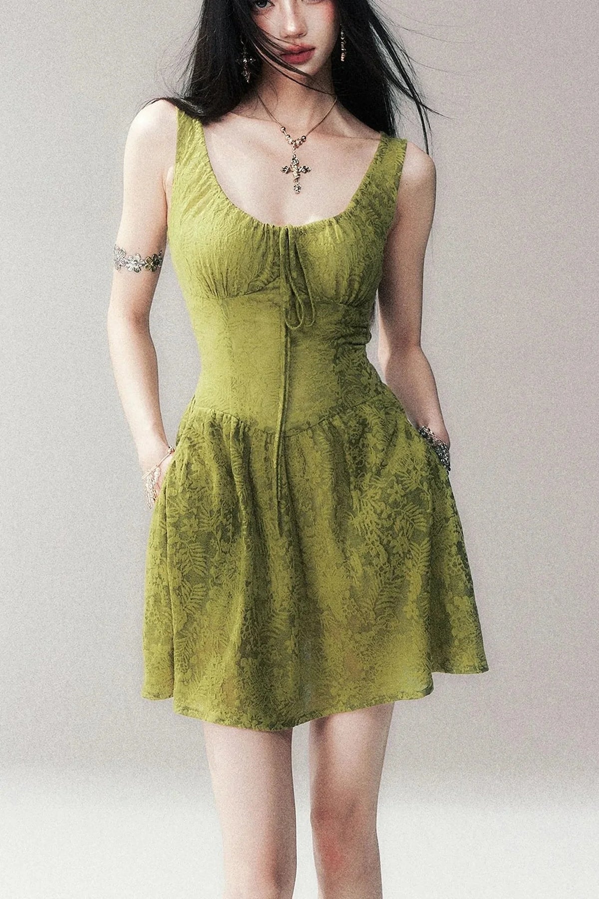 Moss Green Sleeveless Lace Dress