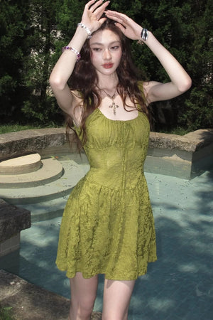 Moss Green Sleeveless Lace Dress