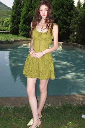 Moss Green Sleeveless Lace Dress