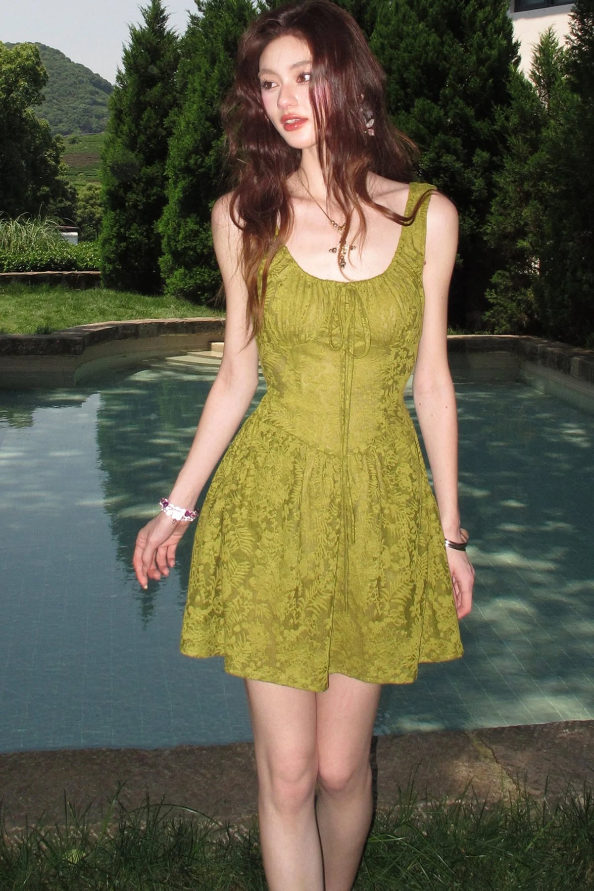 Moss Green Sleeveless Lace Dress