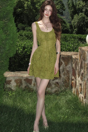 Moss Green Sleeveless Lace Dress