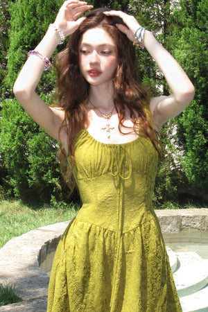 Moss Green Sleeveless Lace Dress
