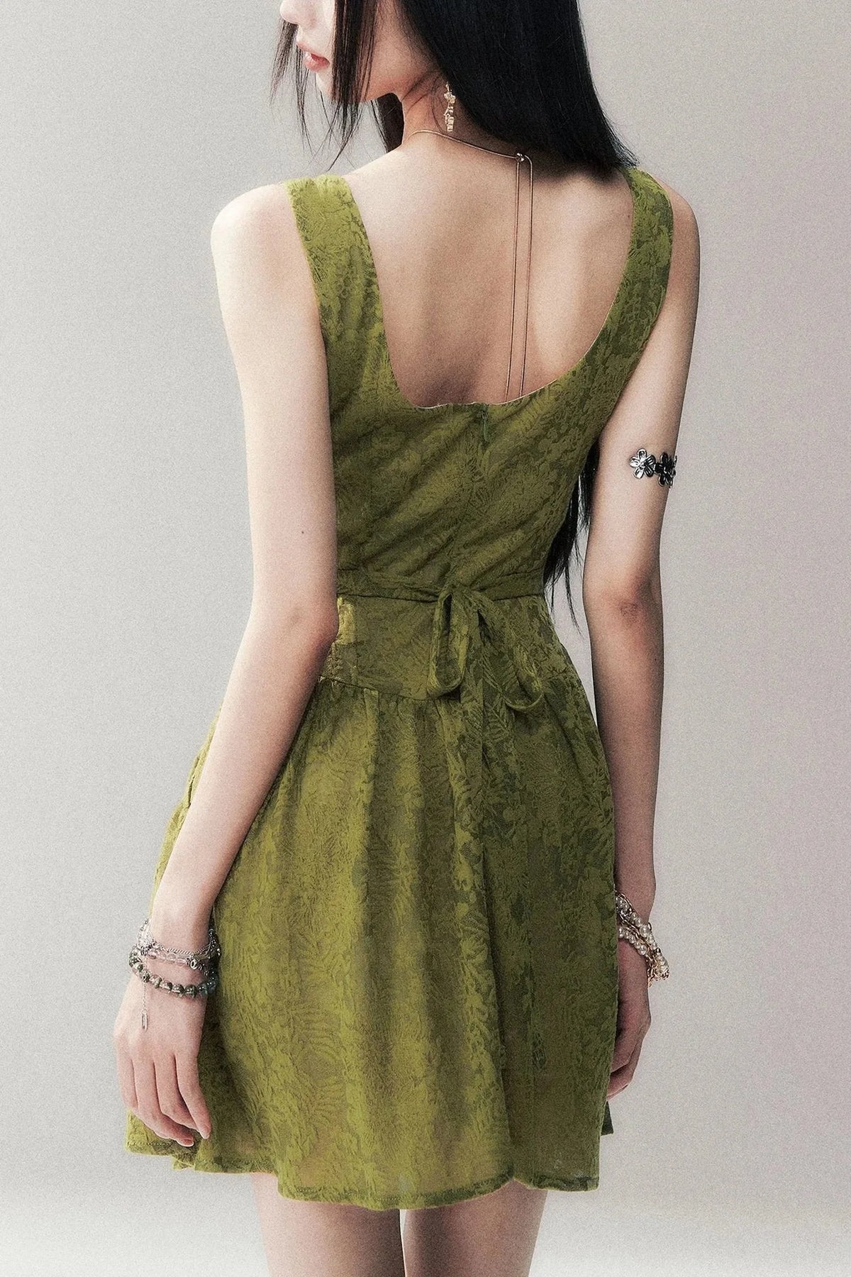 Moss Green Sleeveless Lace Dress