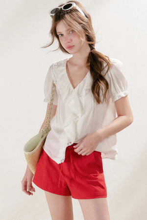 Mulberry Silk Lace Ruffle V-Neck Top