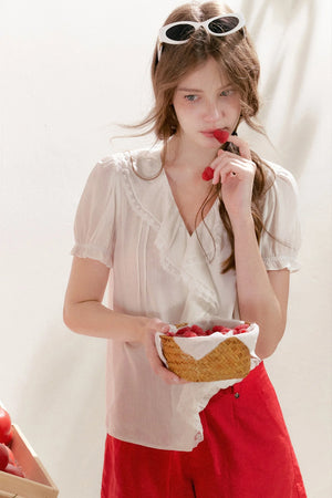Mulberry Silk Lace Ruffle V-Neck Top