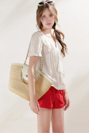Mulberry Silk Lace Ruffle V-Neck Top
