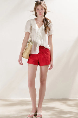 Mulberry Silk Lace Ruffle V-Neck Top