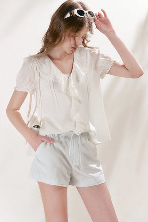 Mulberry Silk Lace Ruffle V-Neck Top