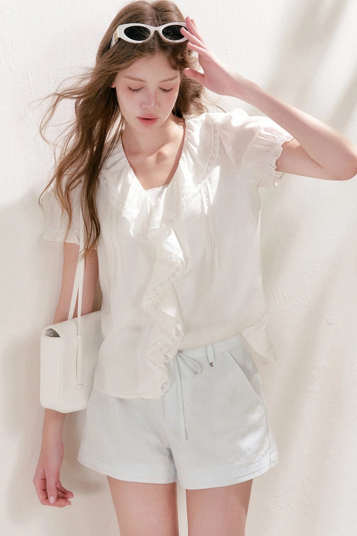 Mulberry Silk Lace Ruffle V-Neck Top