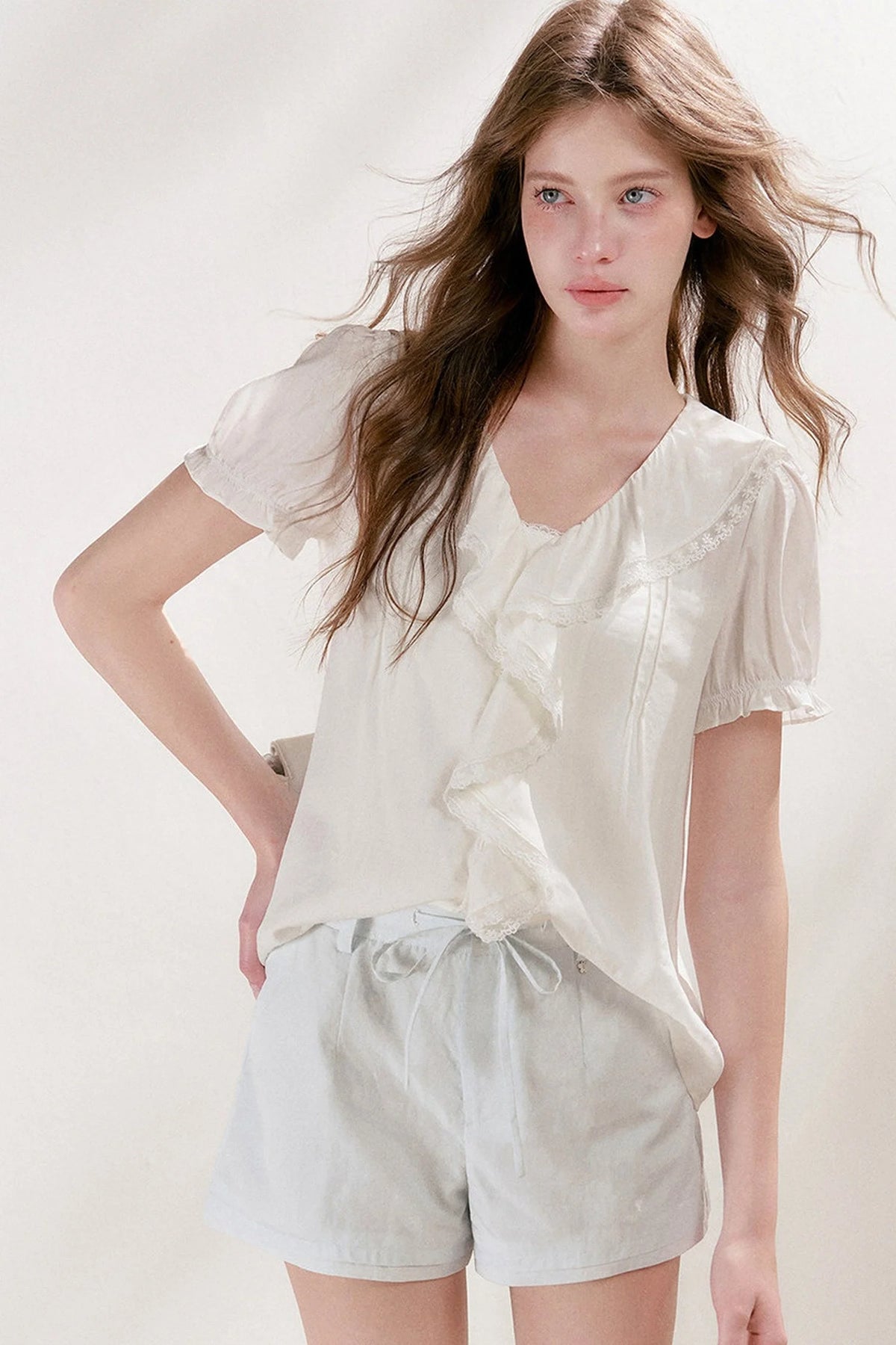 Mulberry Silk Lace Ruffle V-Neck Top