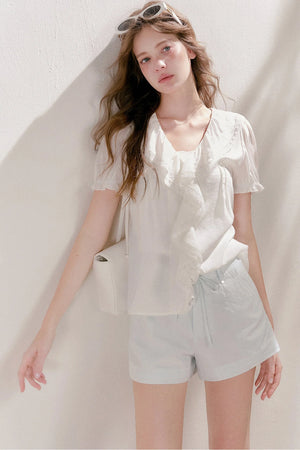 Mulberry Silk Lace Ruffle V-Neck Top