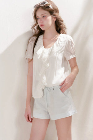 Mulberry Silk Lace Ruffle V-Neck Top